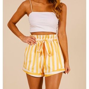 Showpo Yellow & White Striped High-Waist Paperbag Shorts